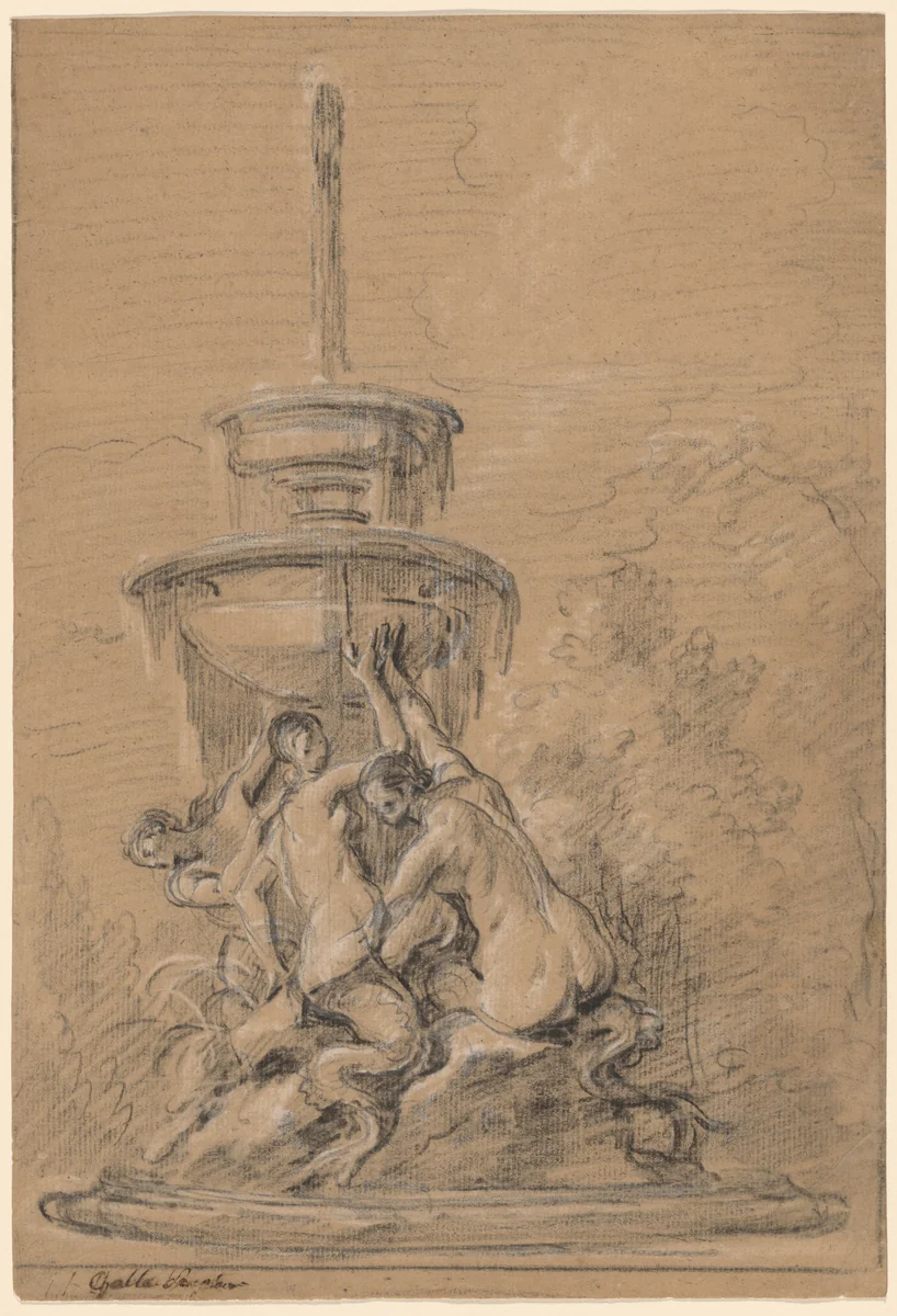 A Fountain with Three Nereids by Joseph Ignace François Parrocel, drawing, 1740