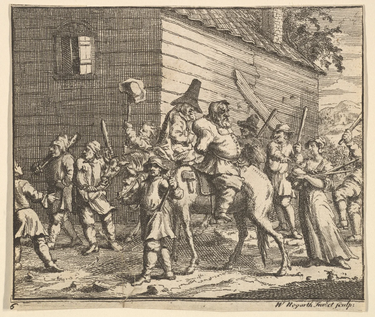 Hudibras and Ralpho Made Prisoners and Carried to the Stocks (Seventeen Small Illustrations for Samuel Butler's Hudibras, no. 6) by William Hogarth, print, 1721-1726