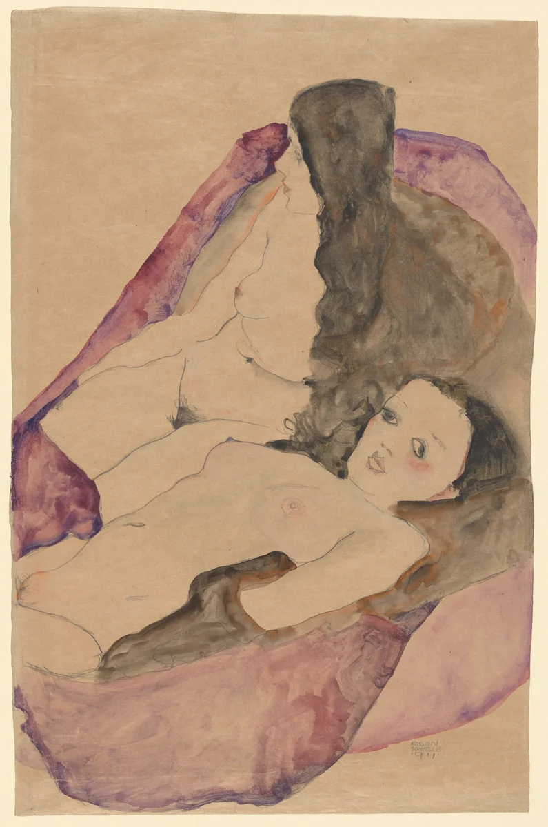 Two Reclining Nudes by Egon Schiele, drawing, 1911