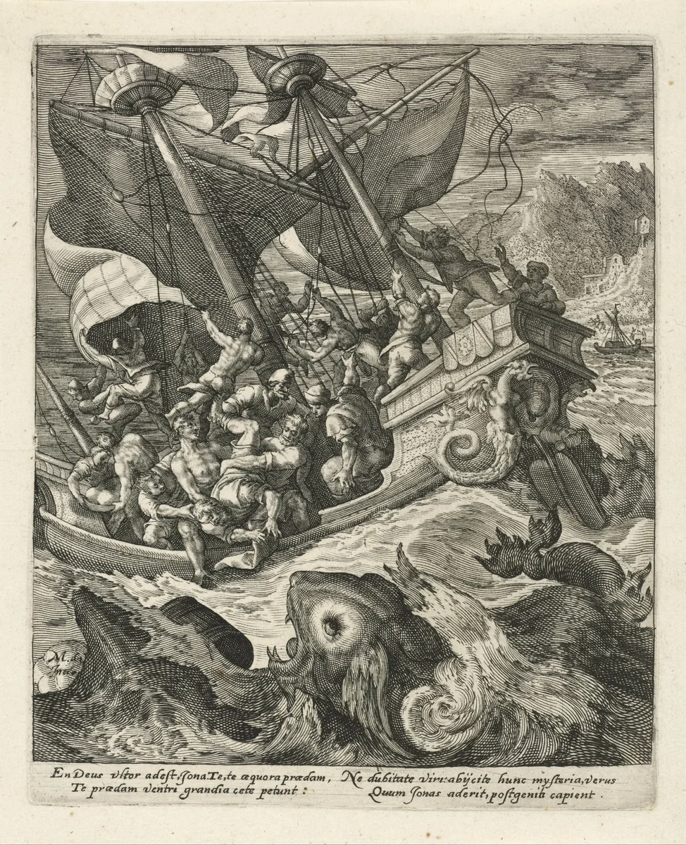 Jona wordt door de zeelieden overboord gegooid by Crispijn van de Passe, print, 1574-1637