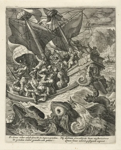 Jona wordt door de zeelieden overboord gegooid by Crispijn van de Passe, print, 1574-1637