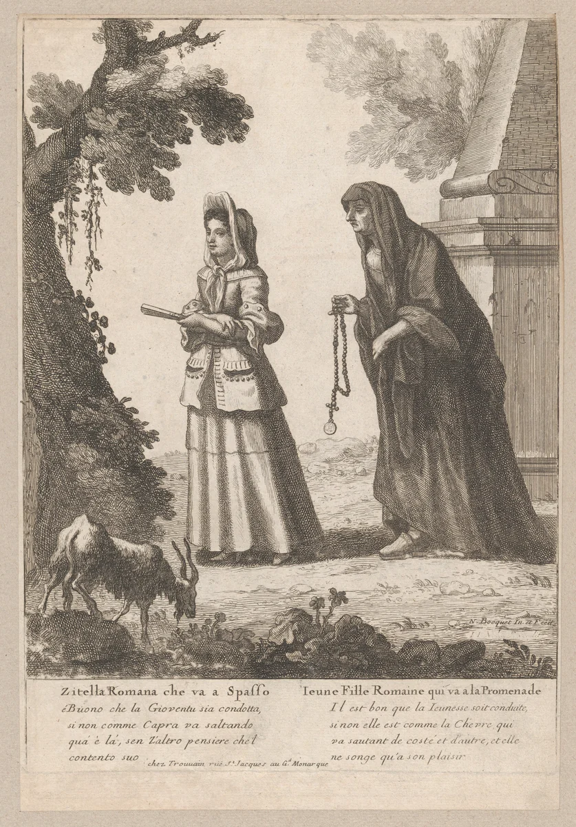Young Roman Girl Going for a Walk by Nicholas Boucquet, print, 1648-1700