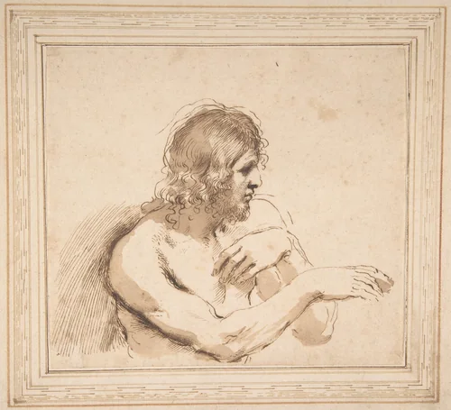 Half-Figure of a Nude Man Facing Right by Guercino, drawing, 1640-1649