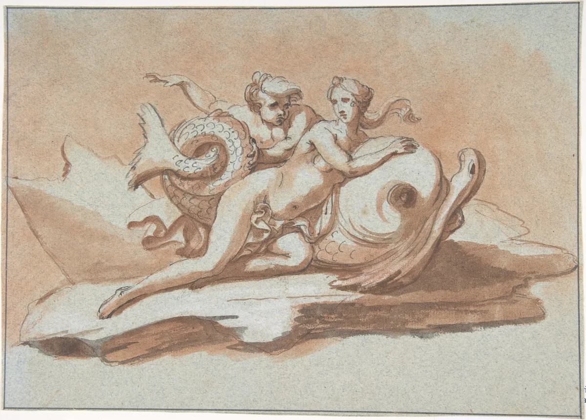 A Sea Nymph and a Triton on a Dolphin by Peter Anton von Verschaffelt, drawing, 1720-1793