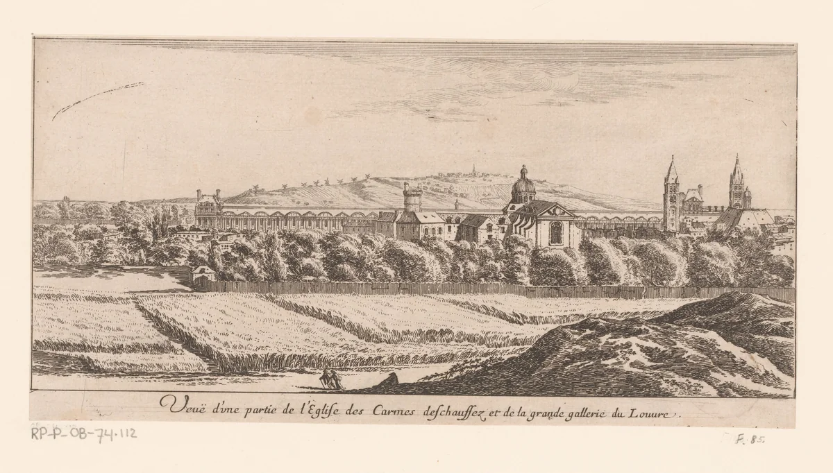 Gezicht op een deel van de kerk van de Karmelieten en de Galerie du Louvre by Israël Silvestre, print, 1631-1691