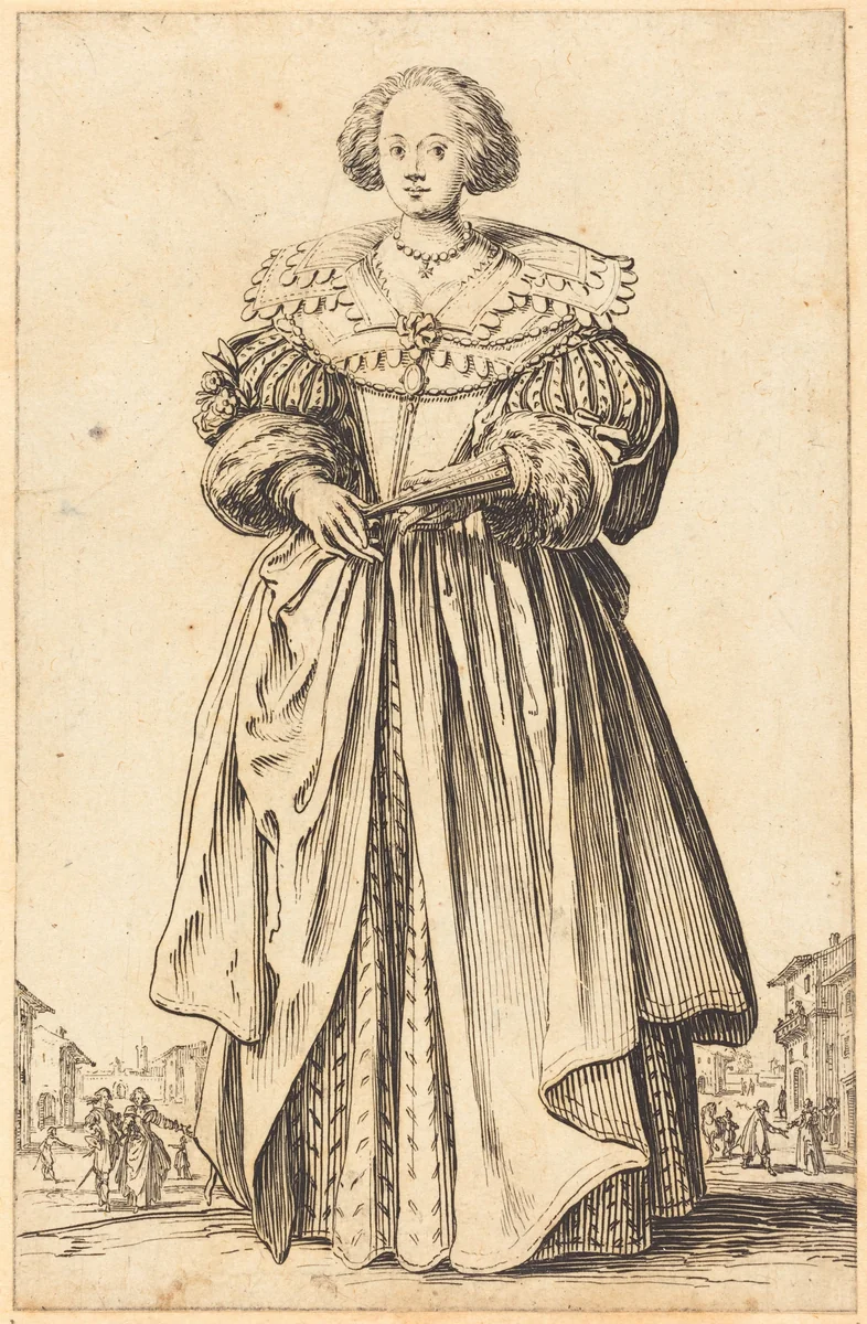 Noble Woman with Fan by Jacques Callot, print, 1620-1623