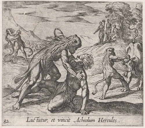 Plate 82: Hercules and Acheloüs (Luctatur, et vincit Acheolum Hercules), from Ovid's 'Metamorphoses' by Antonio Tempesta, print, 1606