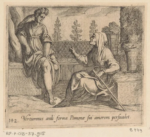 Pomona en Vertumnus by Antonio Tempesta, print, 1606
