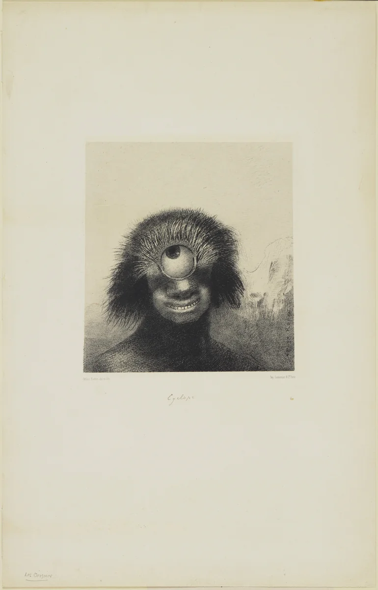 The Misshapen Polyp Floated on the Shores, a Sort of Smiling and Hideous Cyclops (Le Polype difforme flottait sur les rivages, sorte de cyclope souriant et hideux) by Odilon Redon, print, 1883
