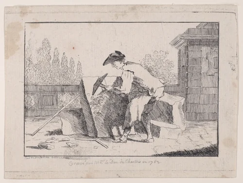 Stone Mason at Work by Louis Philippe Joseph, print, 1762