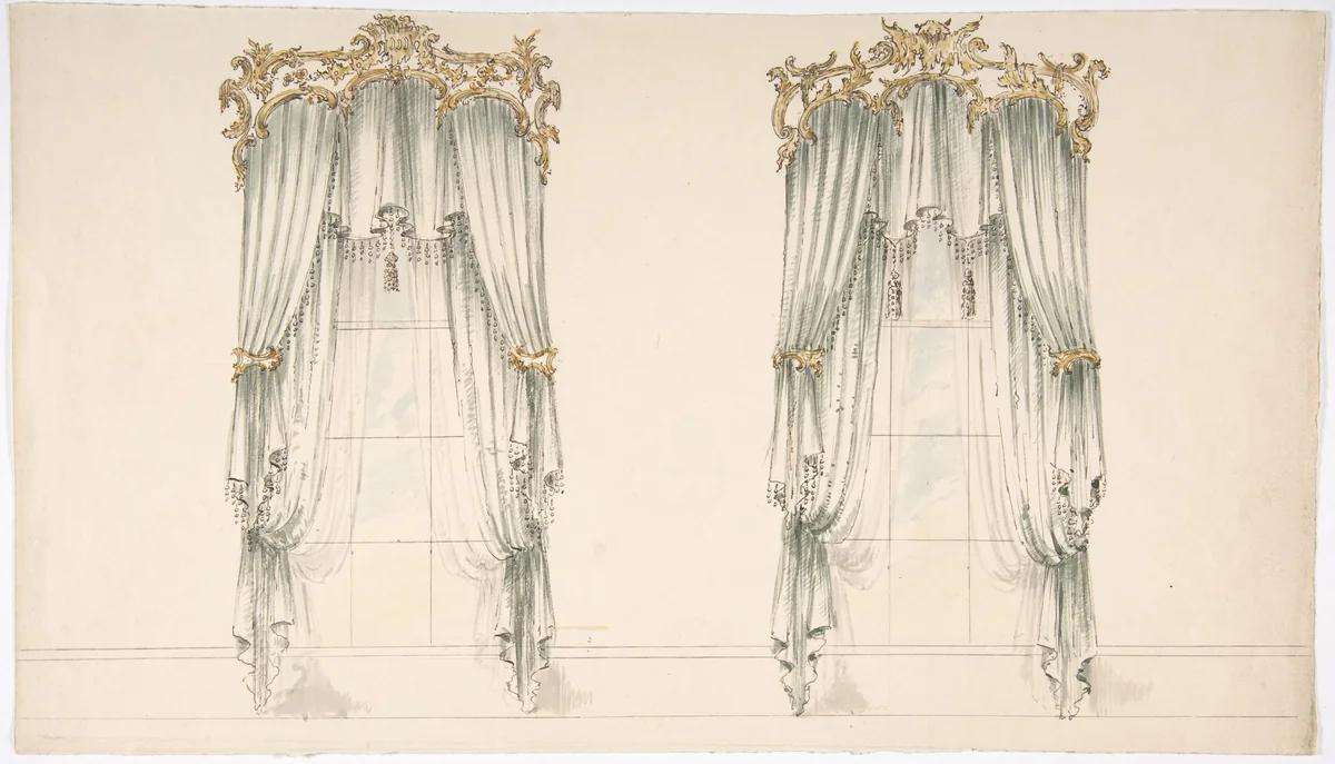 Design for White Curtains with White Fringes and a Gold and White Pediment by anonymous, drawing, 1800-1850