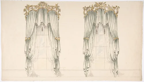 Design for White Curtains with White Fringes and a Gold and White Pediment by anonymous, drawing, 1800-1850