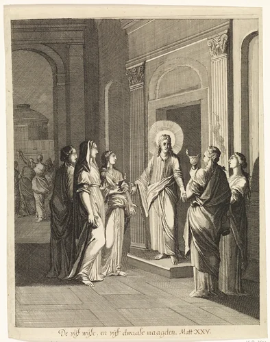 Gelijkenis van de wijze en dwaze maagden by Caspar Luyken, print, 1708