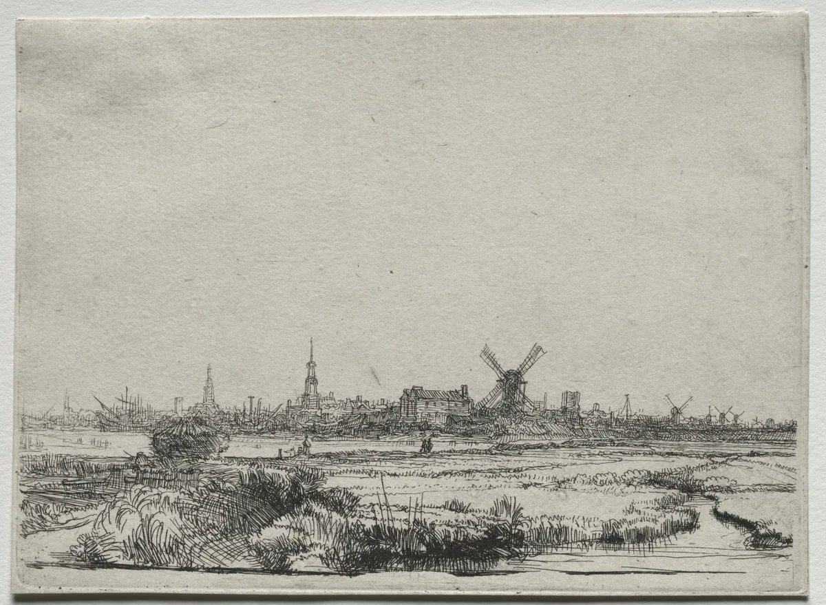 View of Amsterdam from the North West by Rembrandt van Rijn, print, 1635-1645