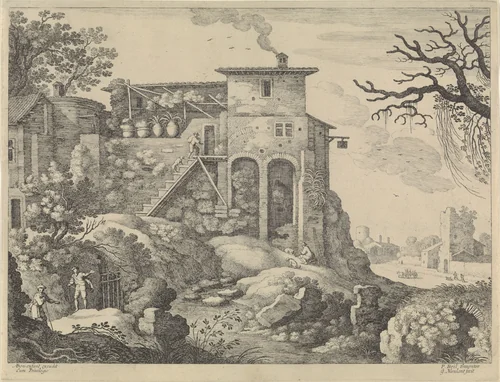 Italiaans landschap met een herberg by Unknown, print, 1594-1635