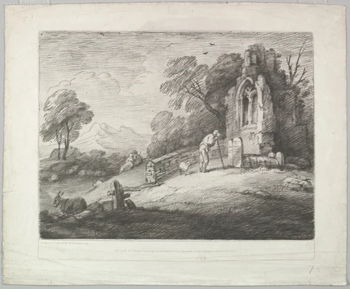 Wooded Landscape with a Peasant Reading a Tombstone, Rustic Lovers and a Ruined Church by Thomas Gainsborough, print, 1797