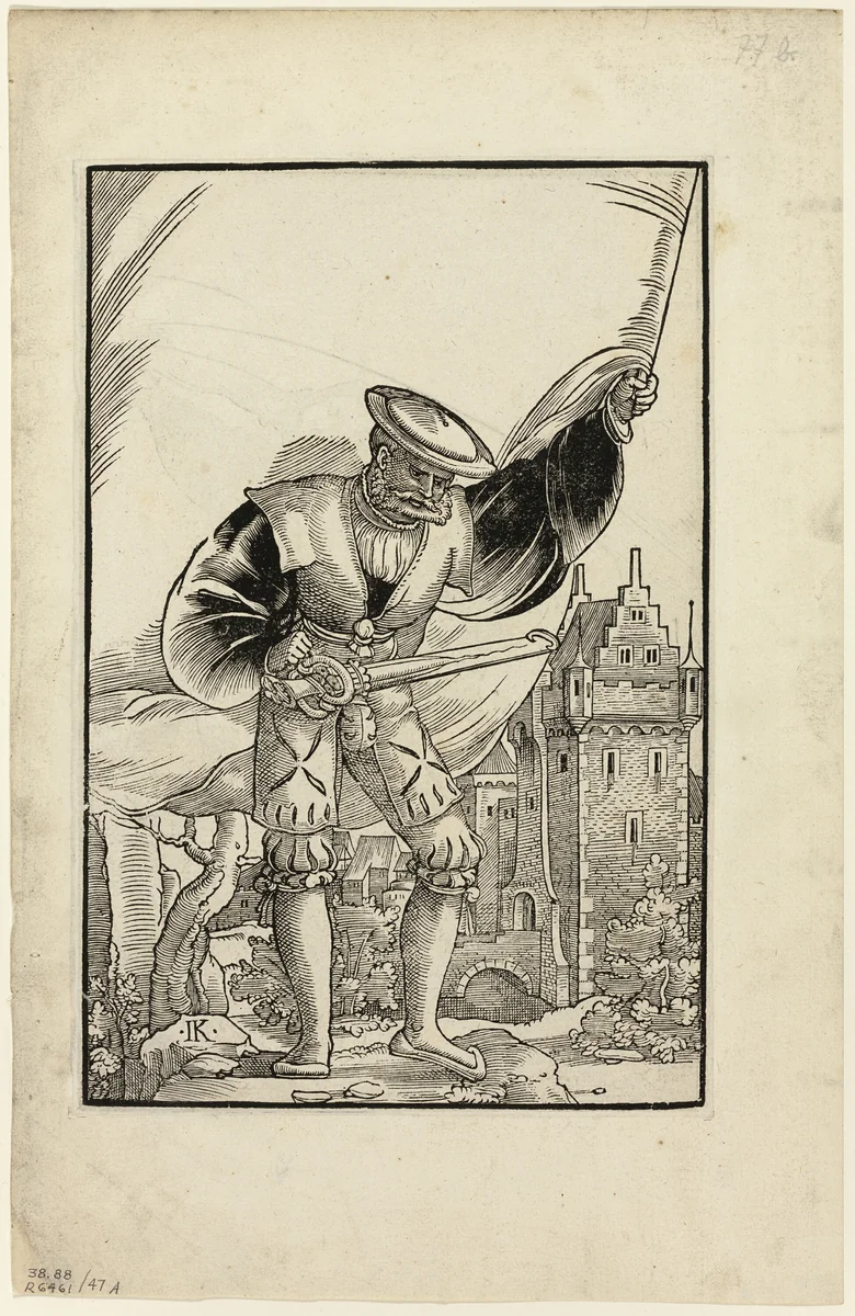 German Soldier Standing with Flag (recto) and German Soldier Marching with Flag (verso) from Wappen des heiligen römischen Reichs Teutscher Nation, plate 47 from Woodcuts from Books of the XVI Century by Monogrammist I.K., print, 1545