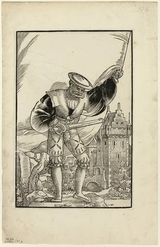 German Soldier Standing with Flag (recto) and German Soldier Marching with Flag (verso) from Wappen des heiligen römischen Reichs Teutscher Nation, plate 47 from Woodcuts from Books of the XVI Century by Monogrammist I.K., print, 1545