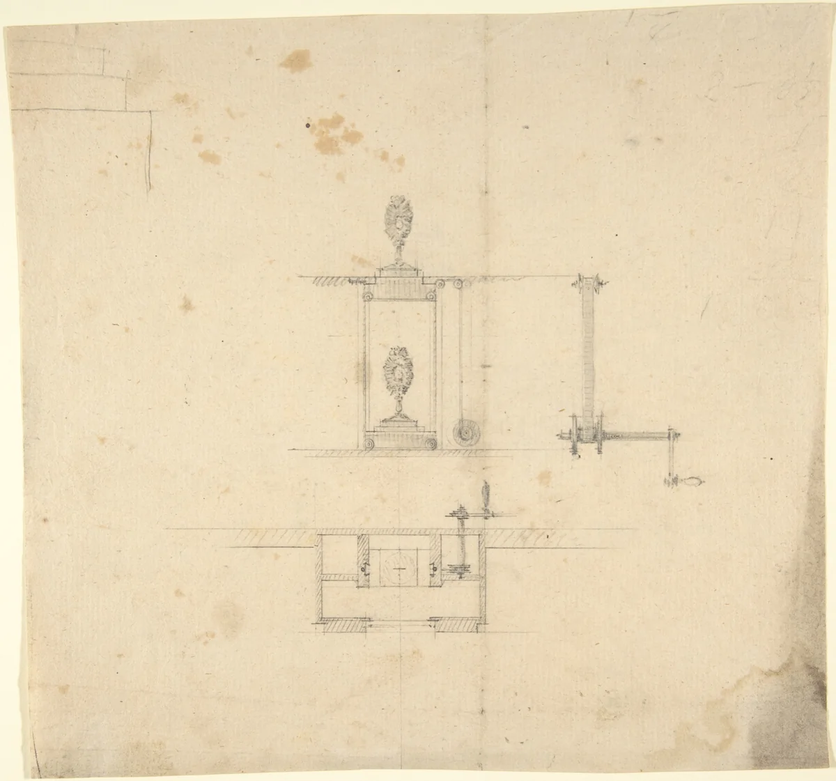 Design for a Machine to Raise and Lower Machinery by anonymous, drawing, 1800-1900