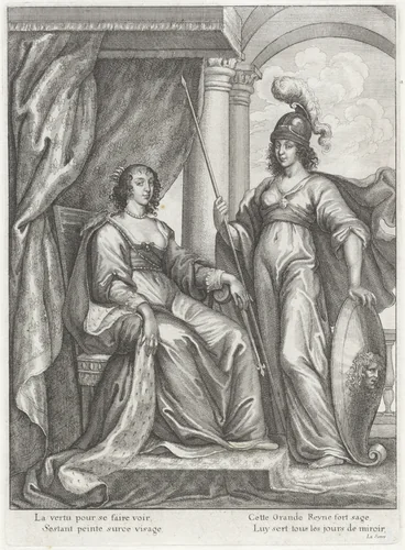 Tronende Henrietta Maria van Bourbon, koningin van Engeland by Wenceslaus Hollar, print, 1639