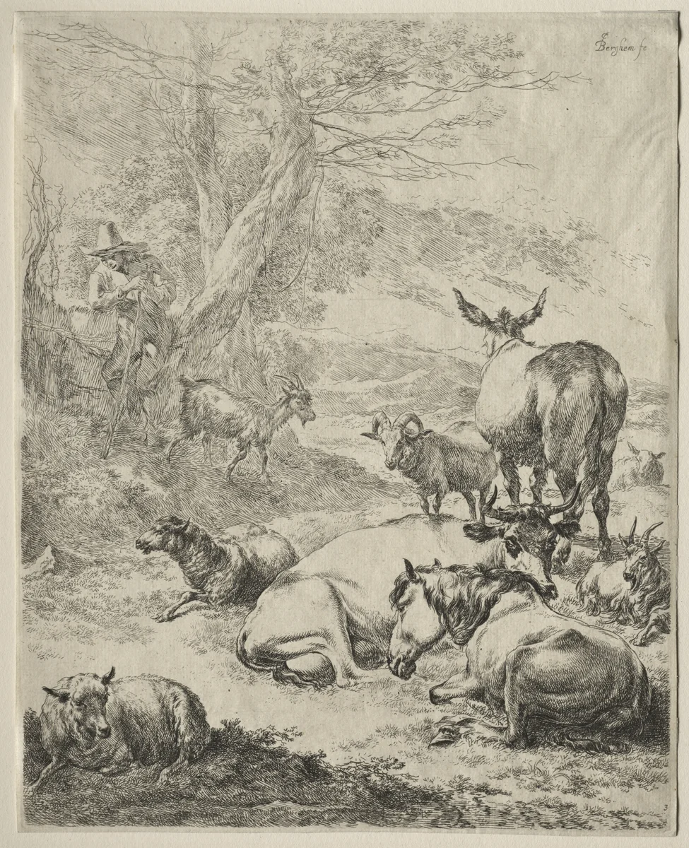 The Herd at Rest by Nicolaes Berchem, print, 1642-1662