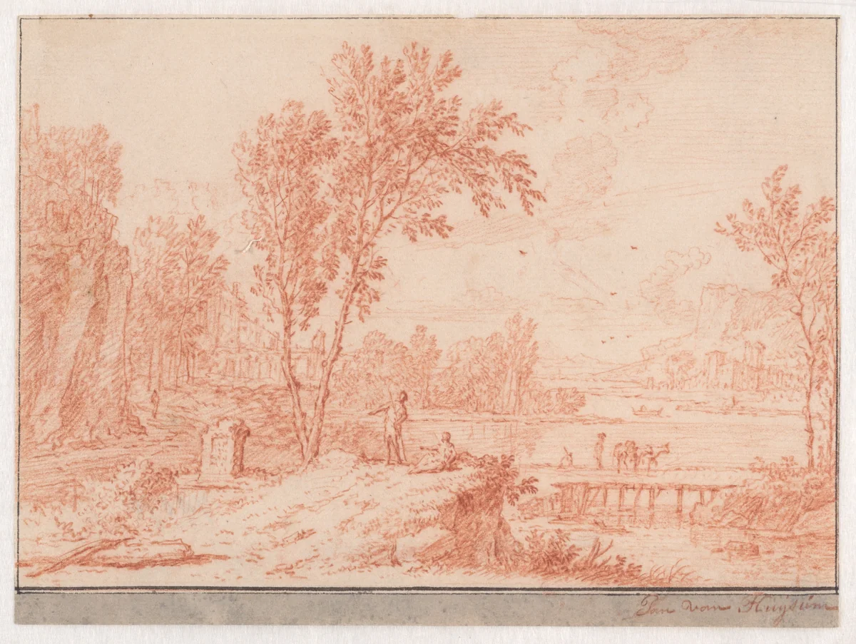 A Classical Landscape with Travelers by a Lake by Jan van Huysum, drawing, 1702-1749