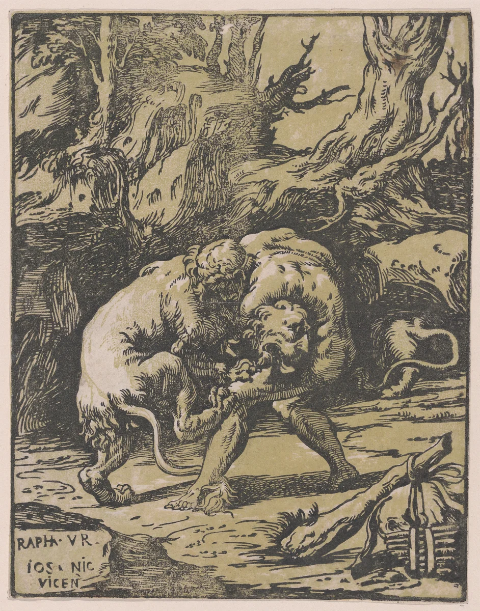 Hercules and the Nemean Lion by Niccolò Vicentino, print, 1540-1550