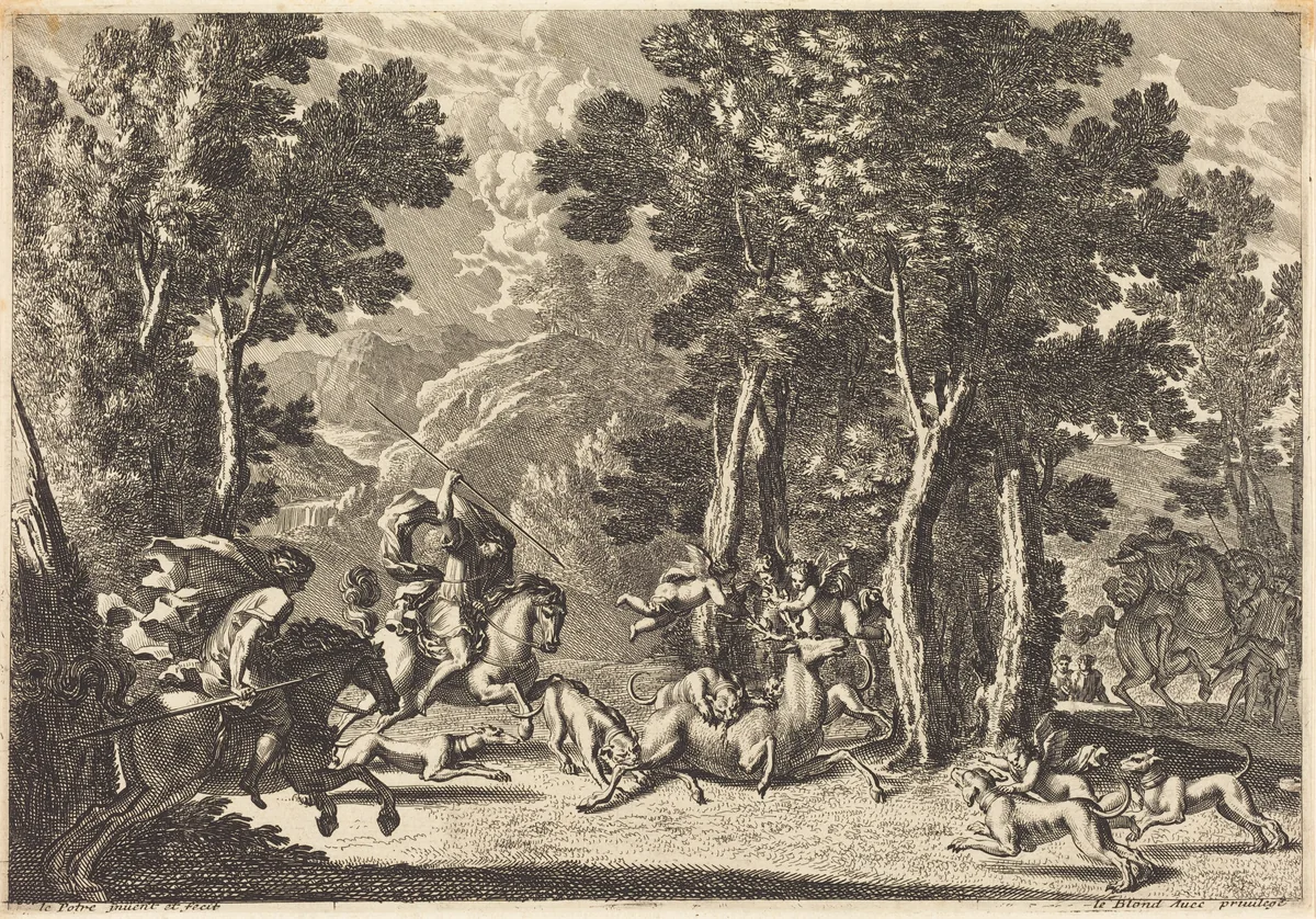 A Stag Hunt by Jean Lepautre, print, 1618-1682