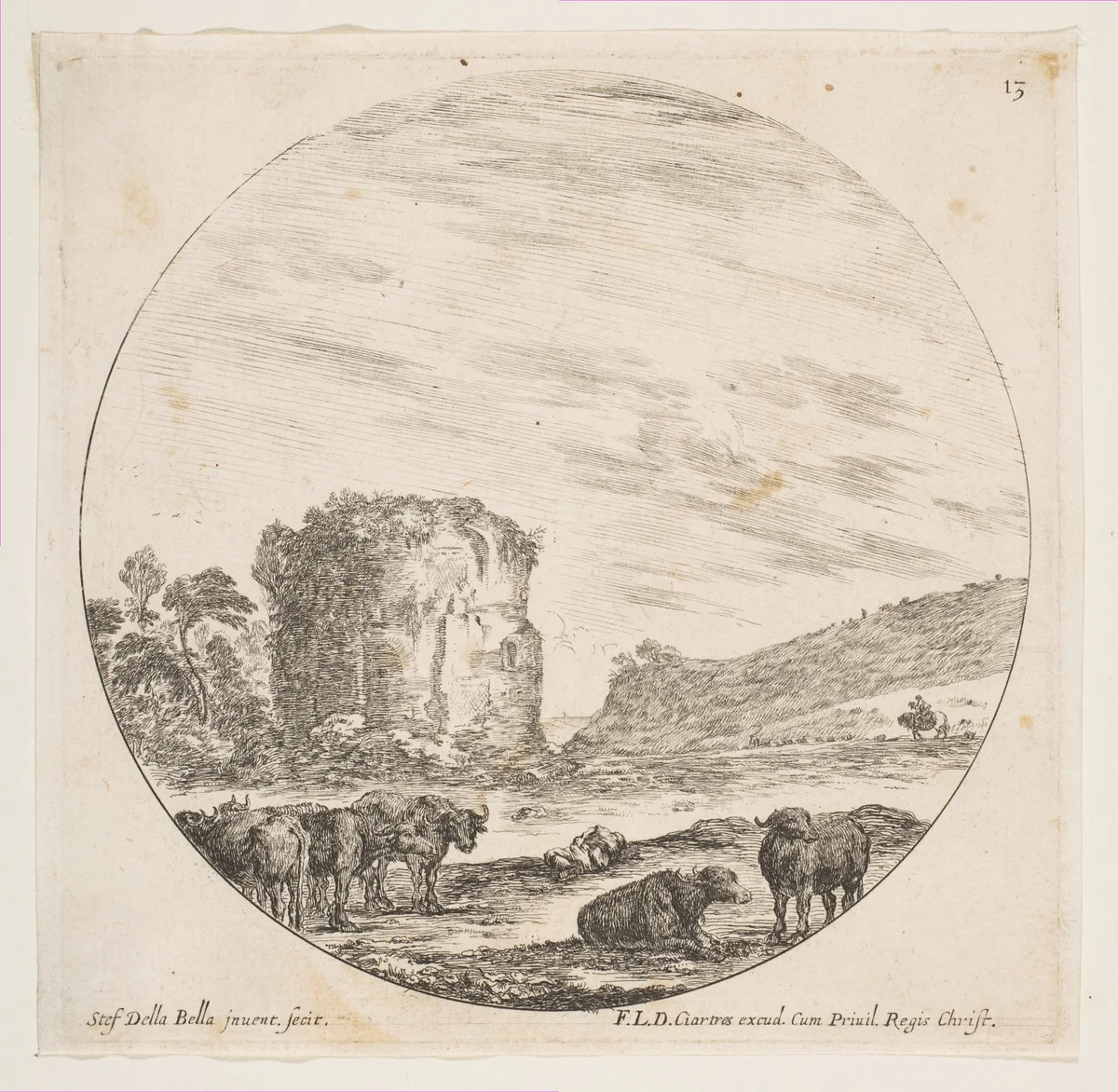 Ruins of a temple in a Roman landscape, plate 13 from "Roman landscapes and ruins" (Paysages et ruines de Rome) by Stefano della Bella, print, 1641-1651