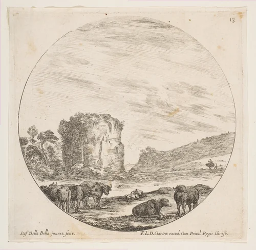 Ruins of a temple in a Roman landscape, plate 13 from "Roman landscapes and ruins" (Paysages et ruines de Rome) by Stefano della Bella, print, 1641-1651