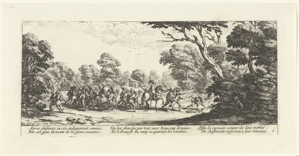 Opsporing van soldaten die zich misdragen hebben by Jacques Callot, print, 1633