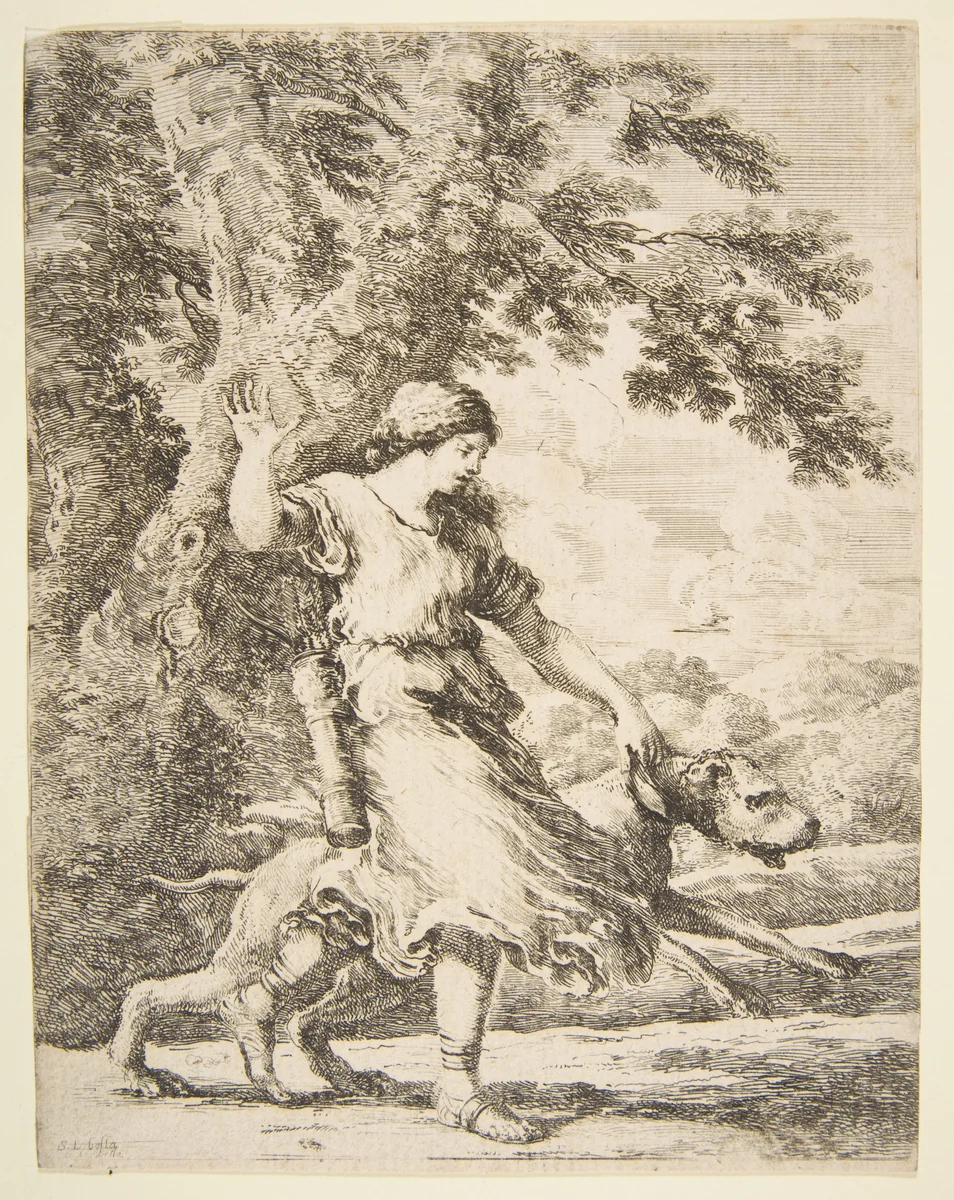 Nymph Holding a Large Dog by the Collar by Stefano della Bella, print, 1649-1659