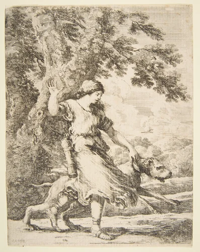 Nymph Holding a Large Dog by the Collar by Stefano della Bella, print, 1649-1659