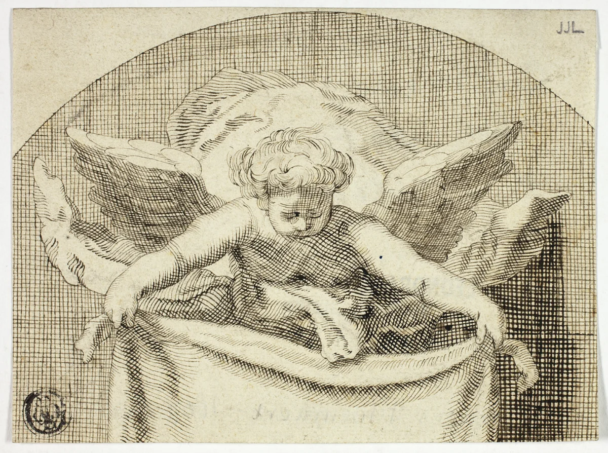 Putto Holding Sudarium by Cornelis Bloemaert, drawing, 1623-1680