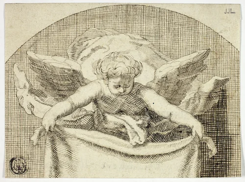 Putto Holding Sudarium by Cornelis Bloemaert, drawing, 1623-1680