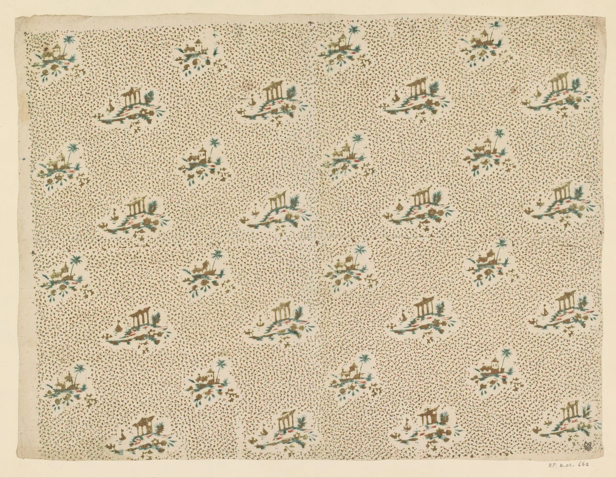 Blad met strooipatroon van landschappen op puntenfond by anonymous, print, 1750-1900