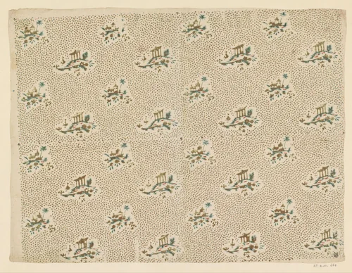 Blad met strooipatroon van landschappen op puntenfond by anonymous, print, 1750-1900