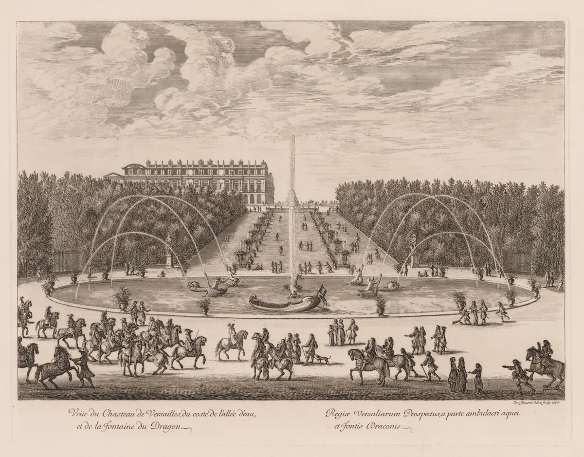 Vue du Château de Versailles, du côté de l'allée et de la fontaine du Dragon by Israël Silvestre, print, 1676