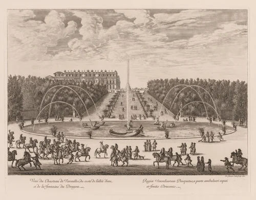 Vue du Château de Versailles, du côté de l'allée et de la fontaine du Dragon by Israël Silvestre, print, 1676