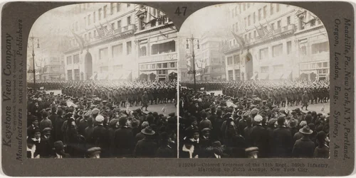 "Colored Veterans of the 15th Regiment, 369th Infantry, Marching up Fifth Avenue, New York City" by Keystone View Company, photograph, 1919