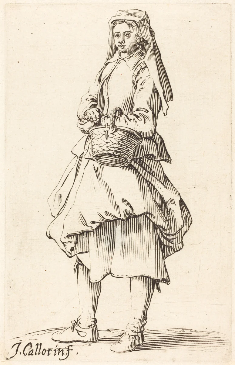 Peasant Woman with Basket, Facing Left by Israel Henriet; Jacques Callot, print, 1590-1661