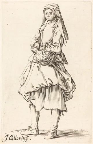 Peasant Woman with Basket, Facing Left by Israel Henriet; Jacques Callot, print, 1590-1661