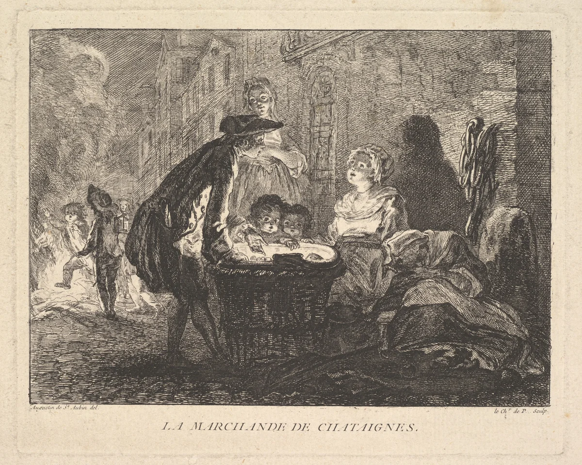 The Chestnut Seller (La Marchande de Chataignes) by Chevalier de Parlington, print, 1762