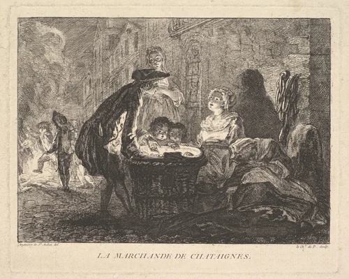 The Chestnut Seller (La Marchande de Chataignes) by Chevalier de Parlington, print, 1762