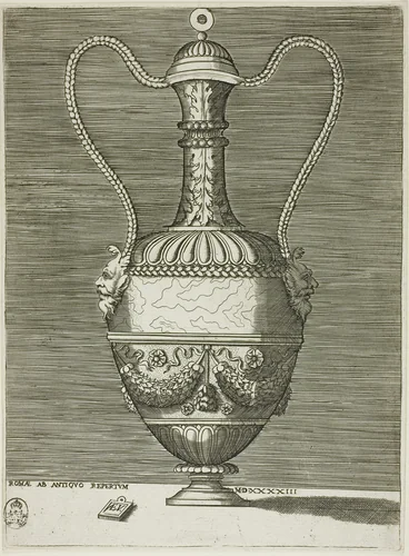 Vase with Two Grotesque Masks, plate six from A Series of Vases Drawn After the Antique by Enea Vico, print, 1543