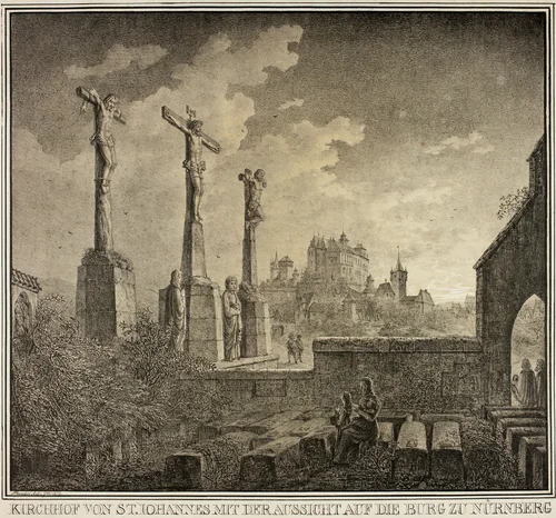 Saint John's Cemetery with a View of the City of Nuremberg, from Collection of Memorable Medieval Buildings in Germany by Domenico Quaglio, print, 1819