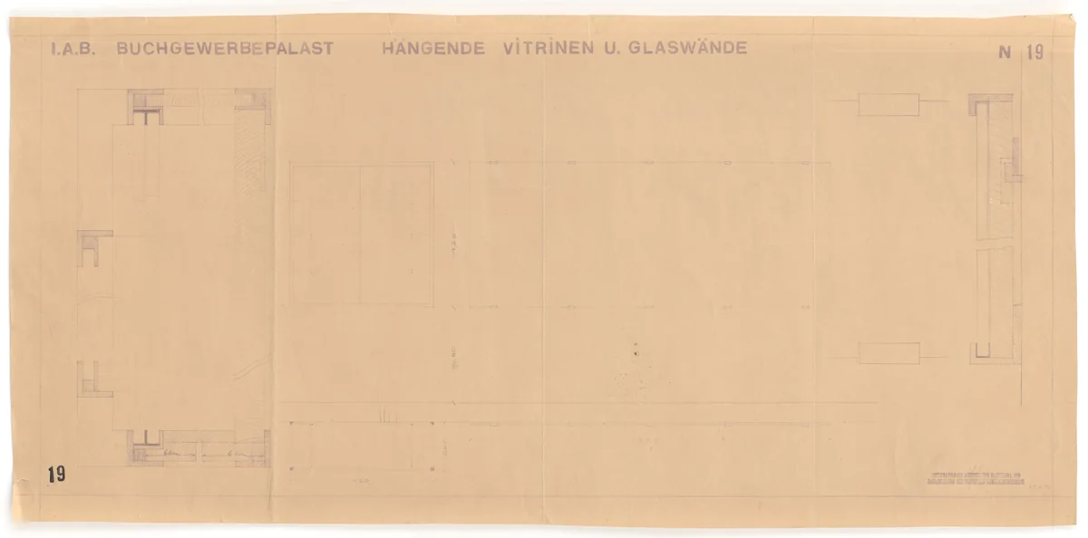Barcelona Exhibition, German Section, Book-printing trade palace, Barcelona, Spain (Elevation, plan, and sections. Suspended vitrines and glass walls.) by Lilly Reich, mies van der rohe archive, 1929
