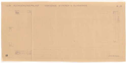 Barcelona Exhibition, German Section, Book-printing trade palace, Barcelona, Spain (Elevation, plan, and sections. Suspended vitrines and glass walls.) by Lilly Reich, mies van der rohe archive, 1929