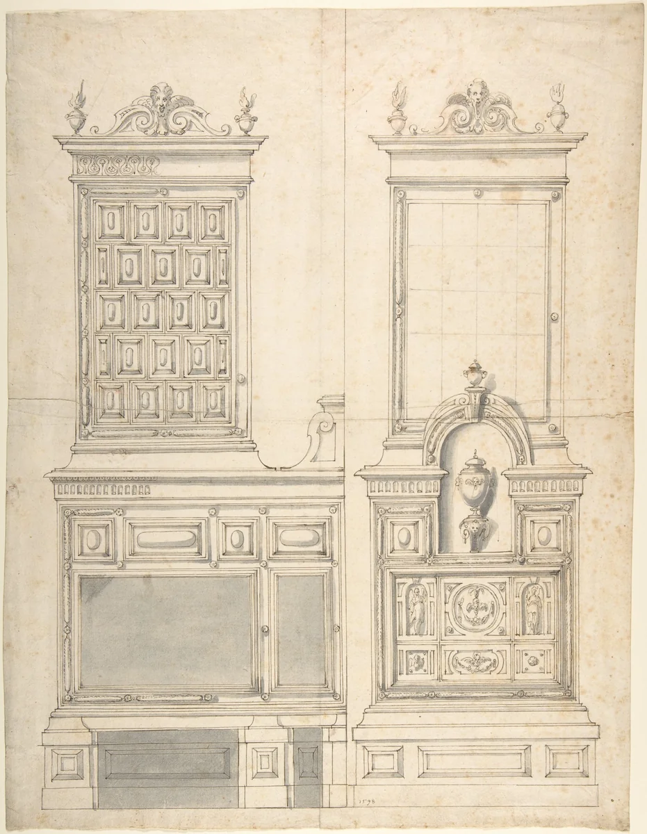 Design for a Stove and Wall Fountain (?) by Friedrich Sustris, drawing, 1598