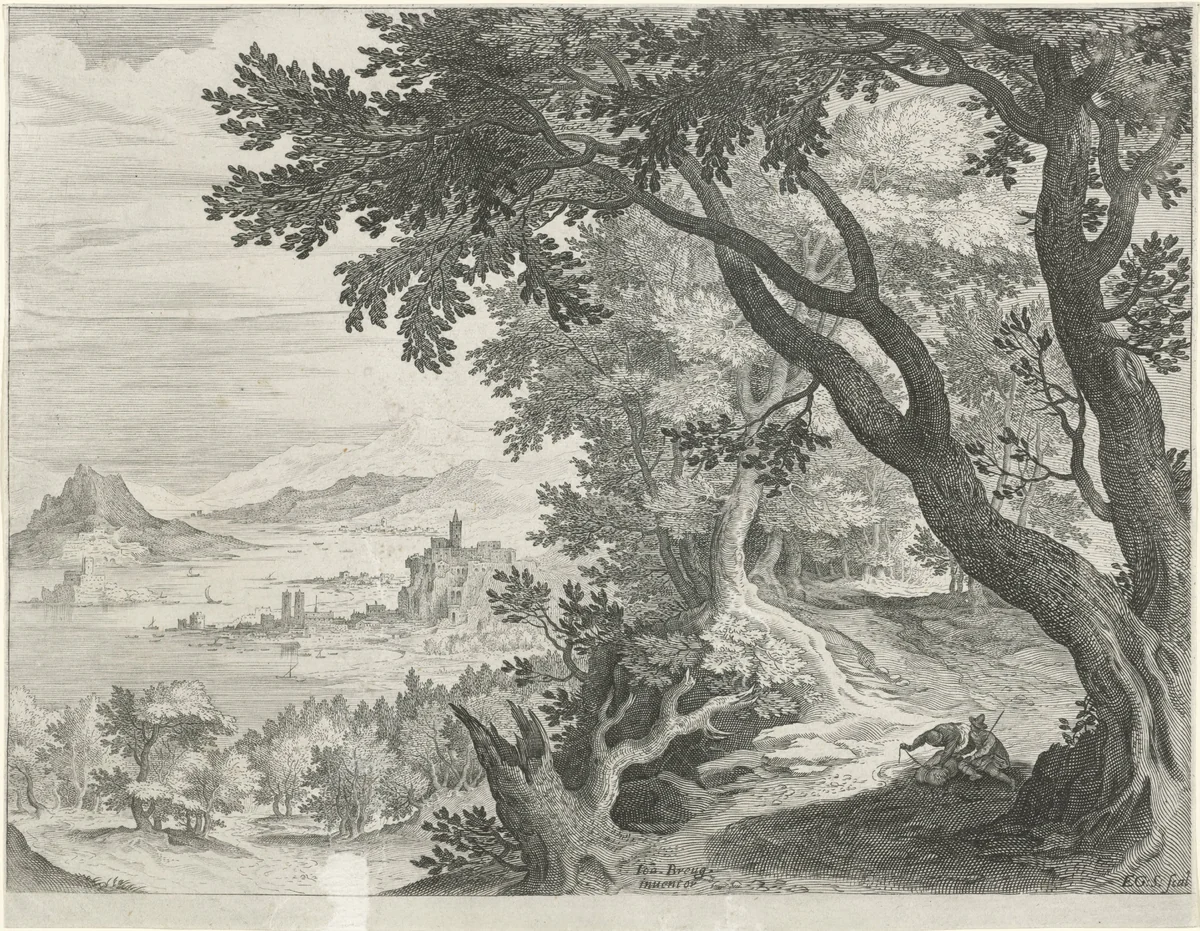 Landschap met twee figuren onder een boom by Unknown, print, 1580-1629